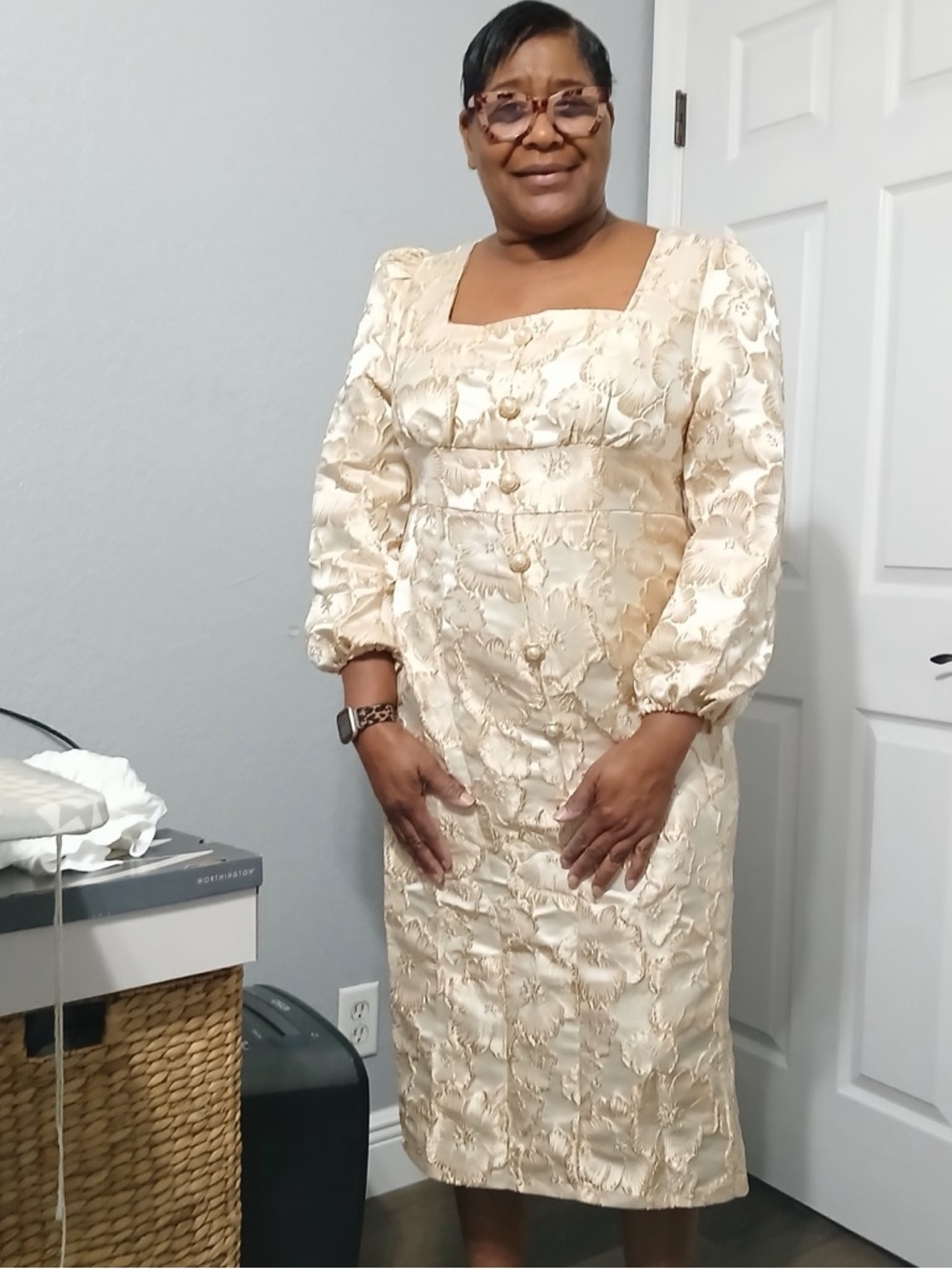 SHEIN Cream Brocade Midi Dress with Square Neckline